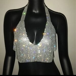 Rhinestone silver mesh halter top